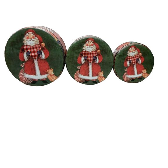 Vintage Christmas Santa Nesting Metal Tins Teddy Bear Plaid Retro Holiday Decor - Picture 12 of 16